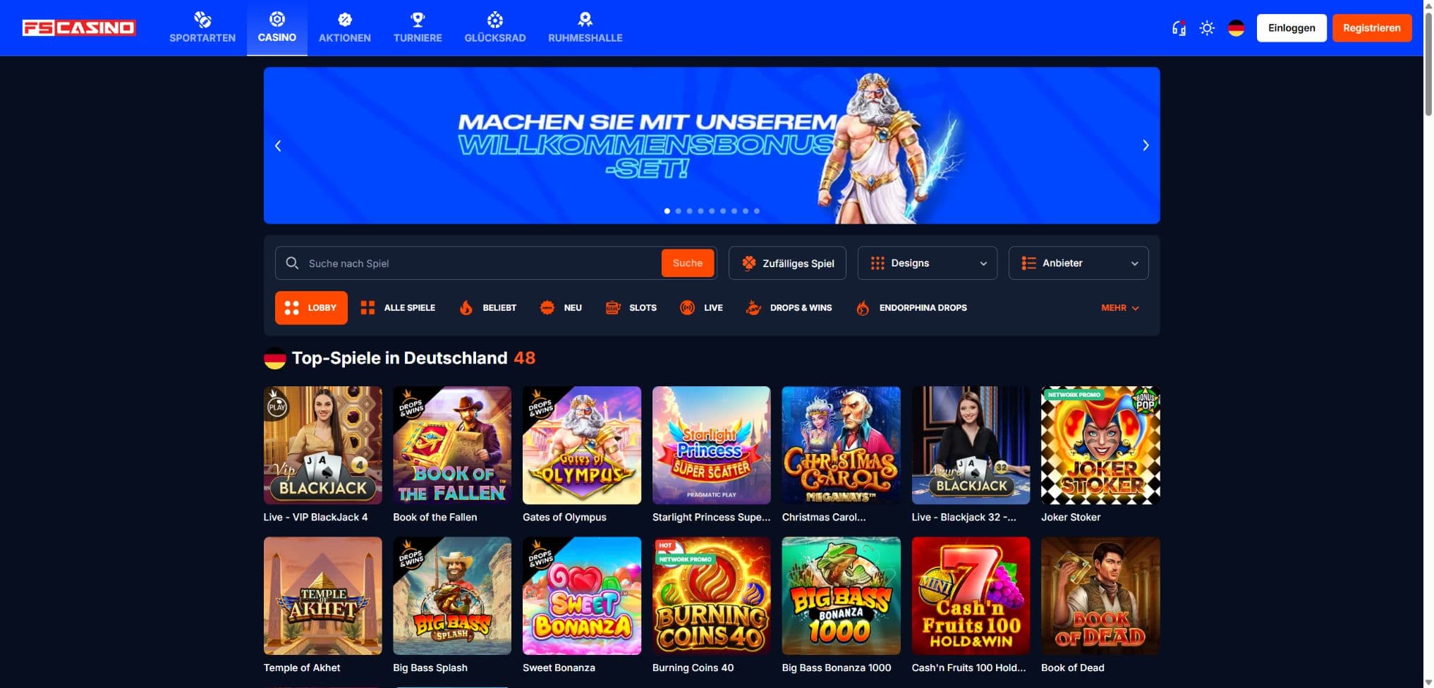 Offizielle FS Casino Casino-Lobby mit aktuellen Spielen