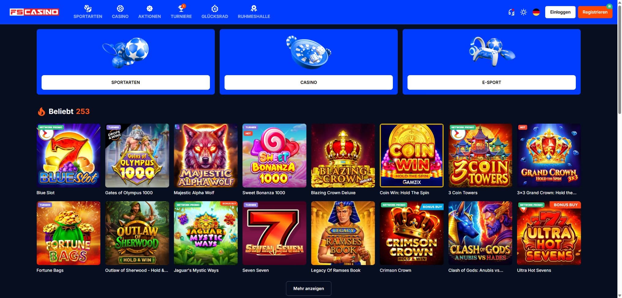Offizielle FS Casino Lobby mit Spielauswahl